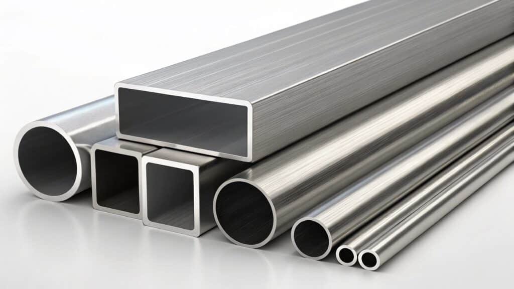alt text: Various shapes of aluminum tubes - round, square, rectangular